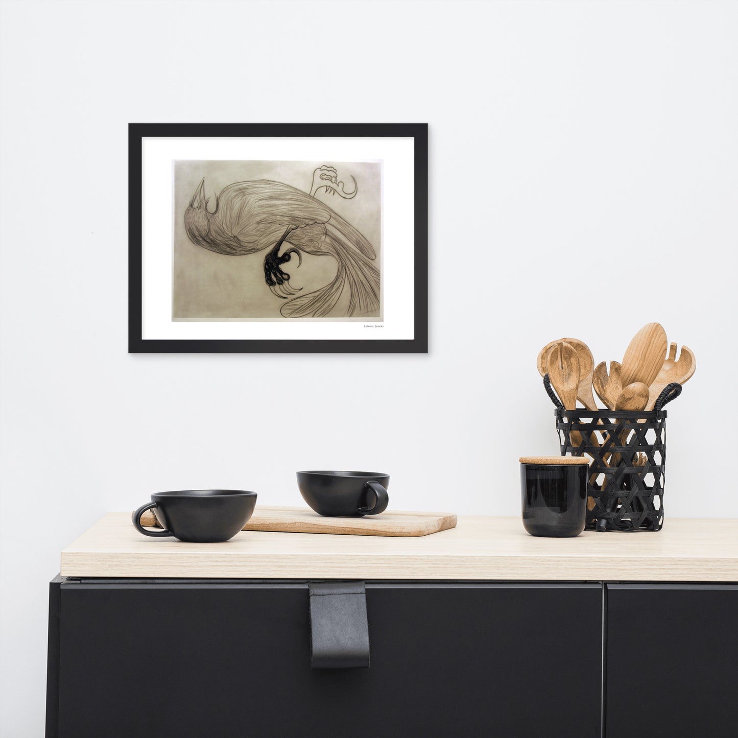 Framed poster print, fine art drawing of crow 3