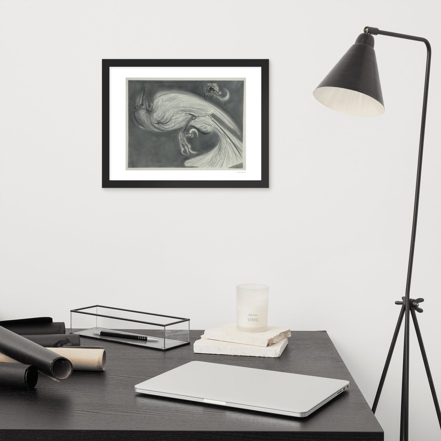 Framed poster print, fine art drawing of crow 2