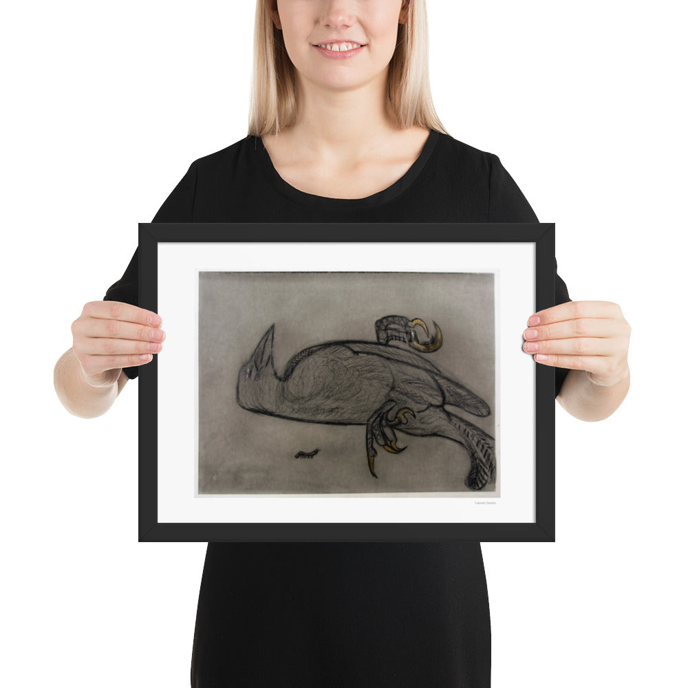 Framed poster print, fine art drawing of crow 1