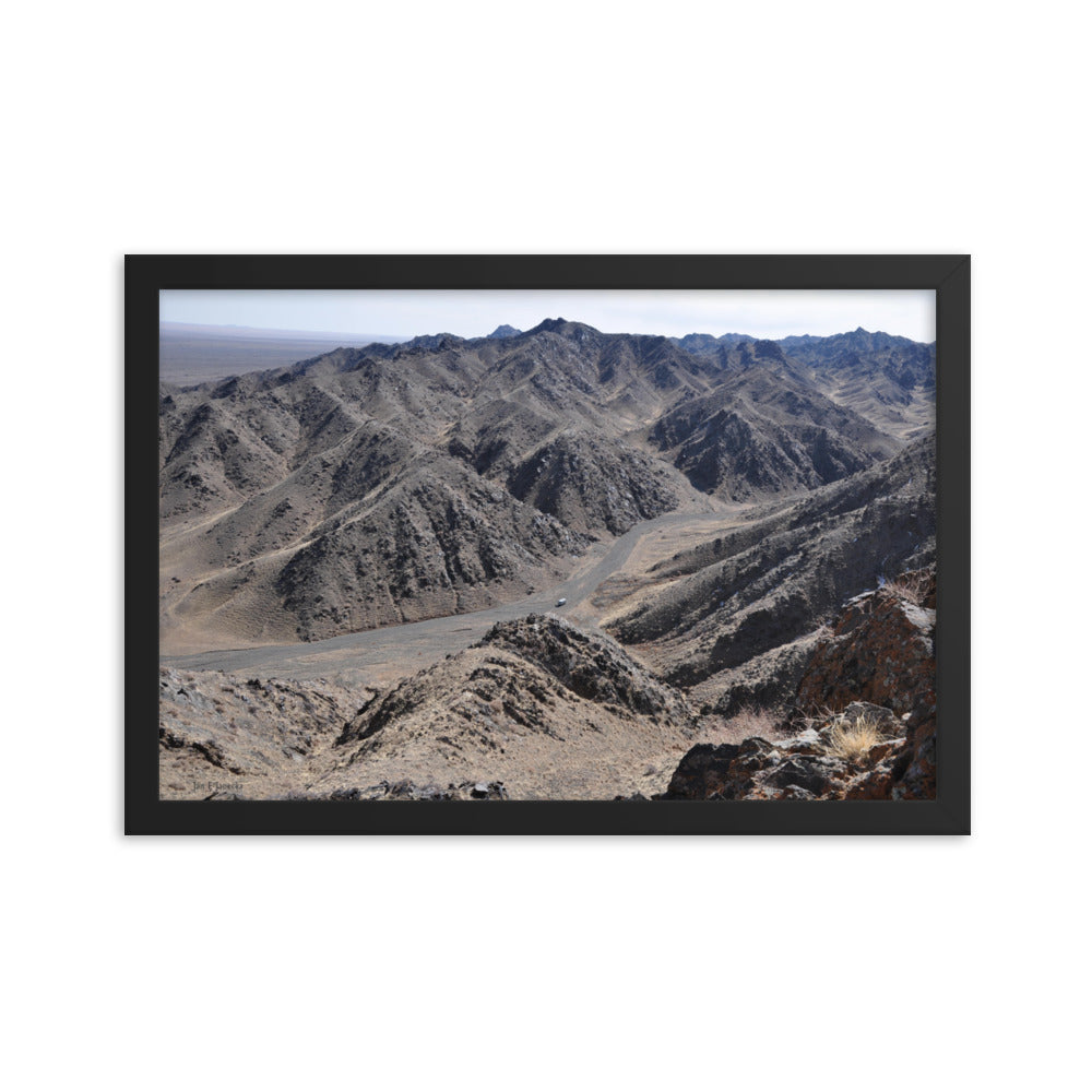 Framed poster, Russian van in valley during snow leopard survey in Mongolia