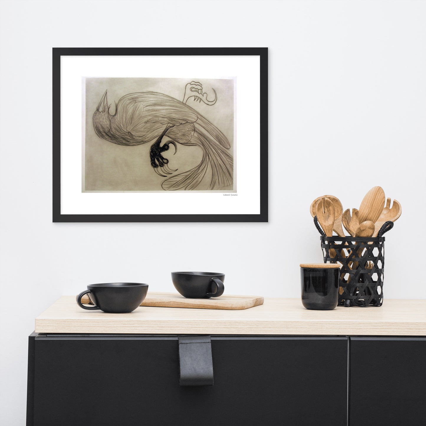 Framed poster print, fine art drawing of crow 3