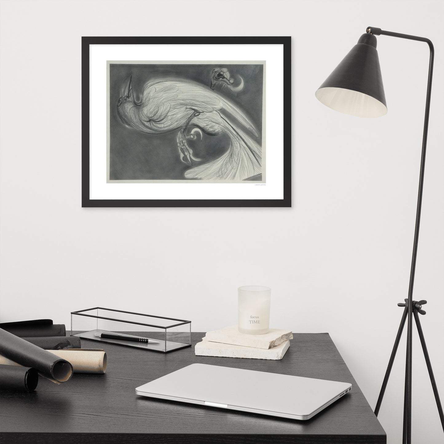 Framed poster print, fine art drawing of crow 2