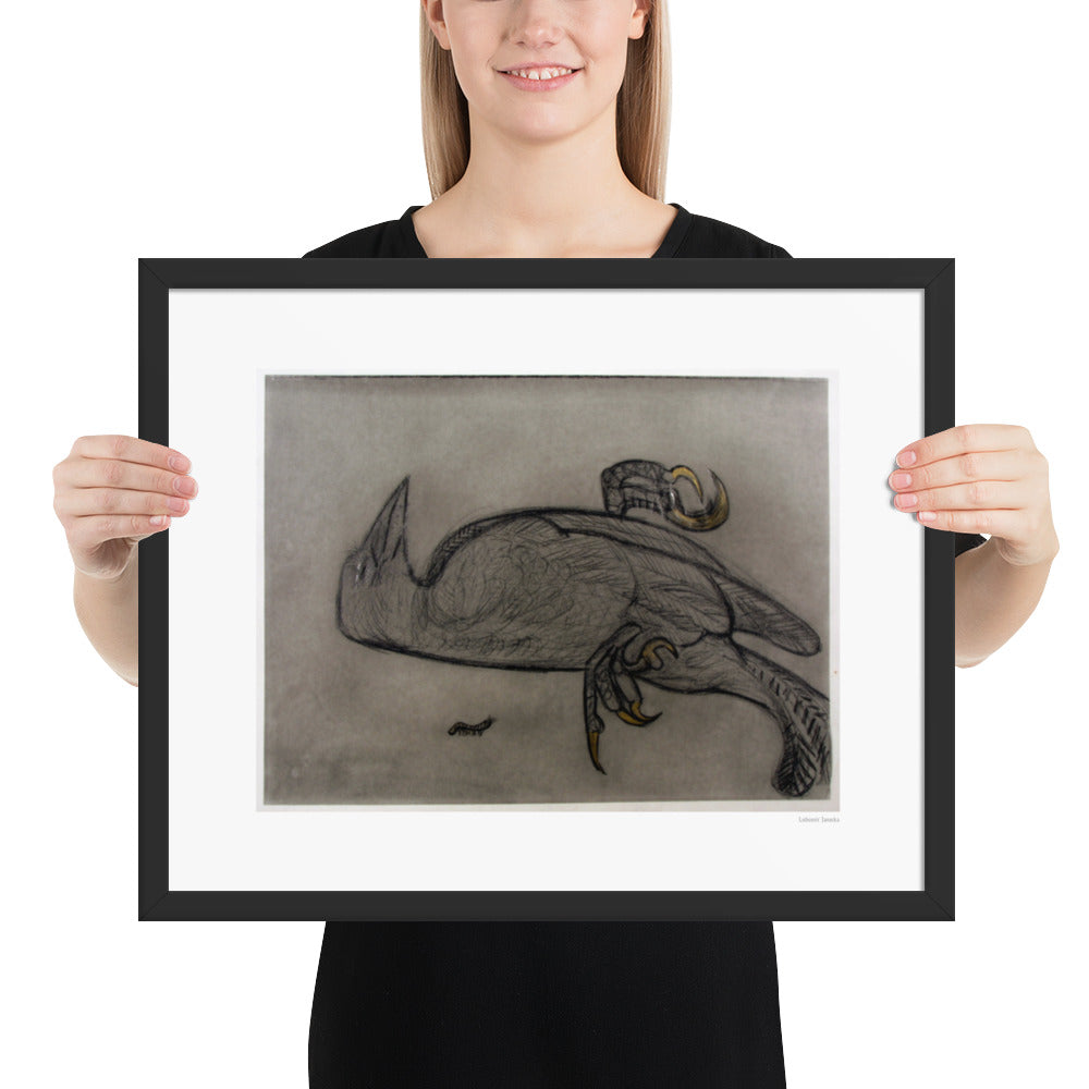 Framed poster print, fine art drawing of crow 1