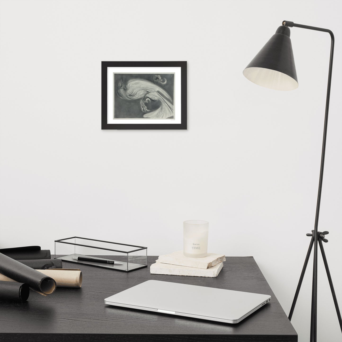 Framed poster print, fine art drawing of crow 2