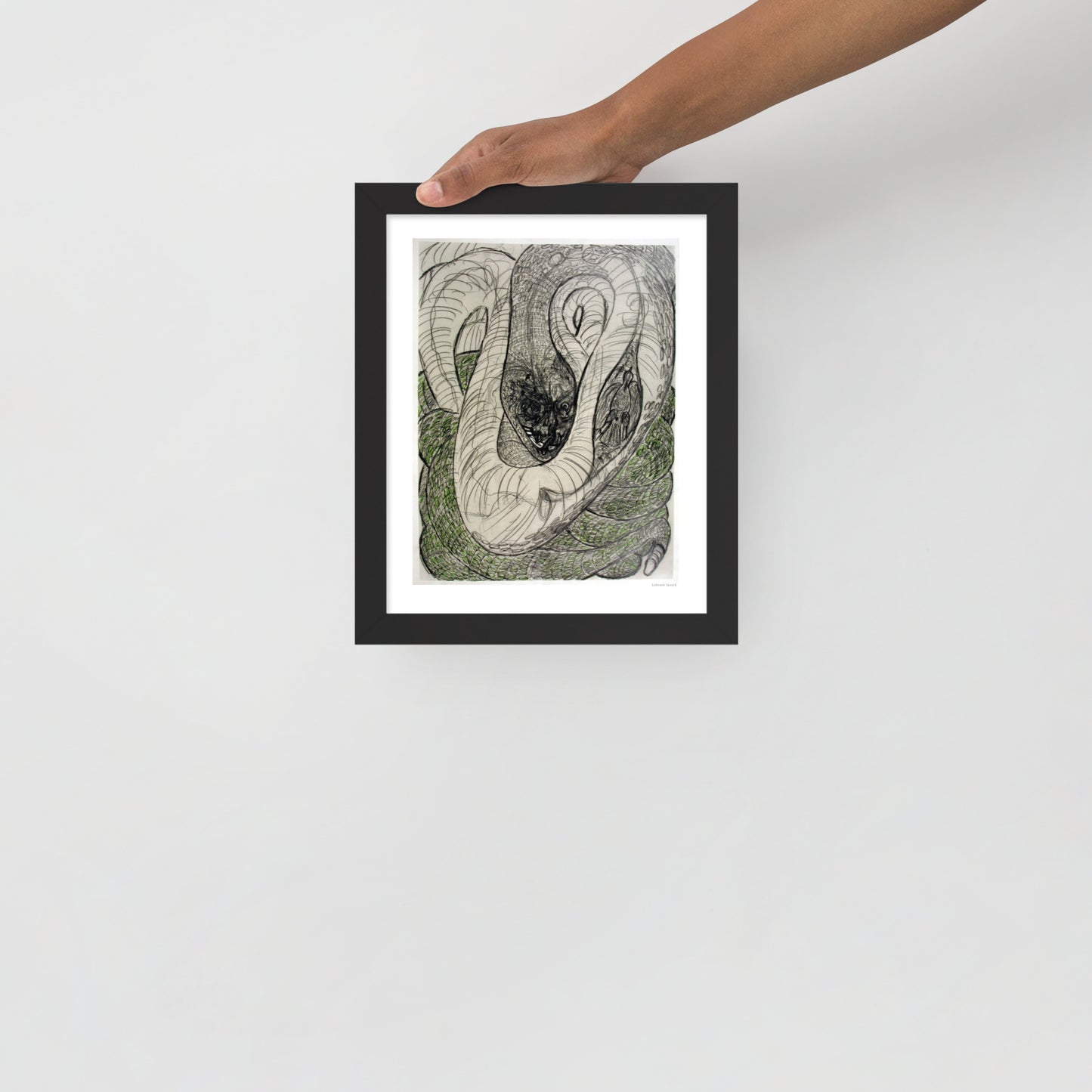 Framed poster print, fine art drawing of snake 1