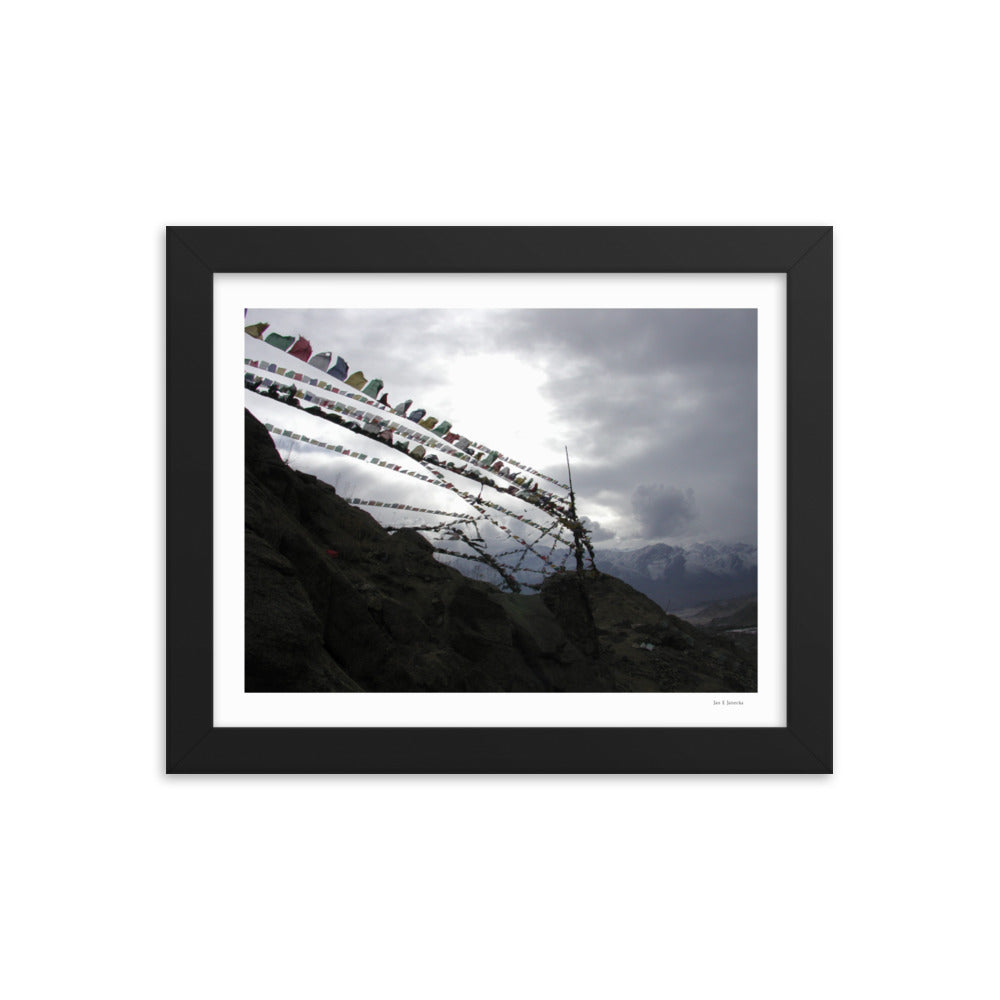 Framed poster, photo of prayer flags in mountains, Ladakh India