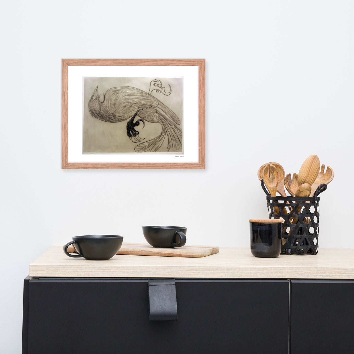 Framed poster print, fine art drawing of crow 3
