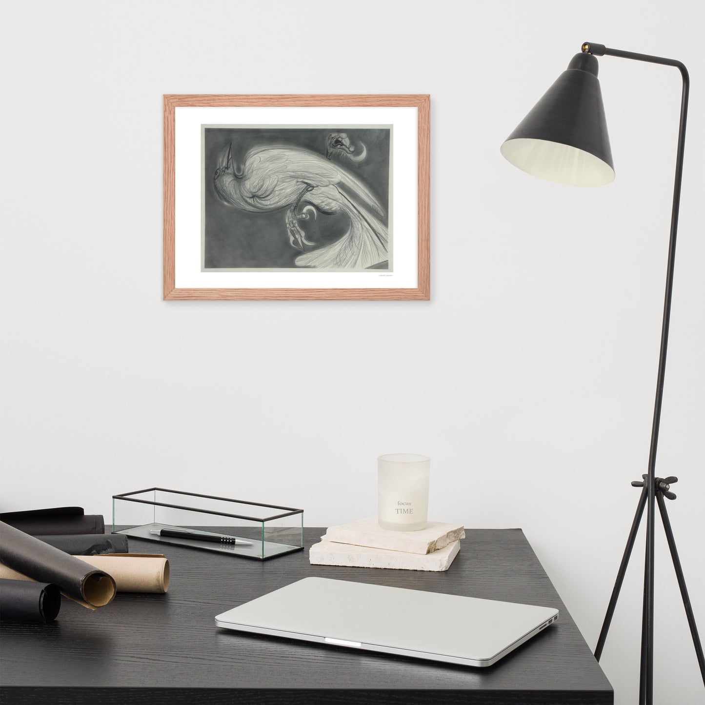 Framed poster print, fine art drawing of crow 2