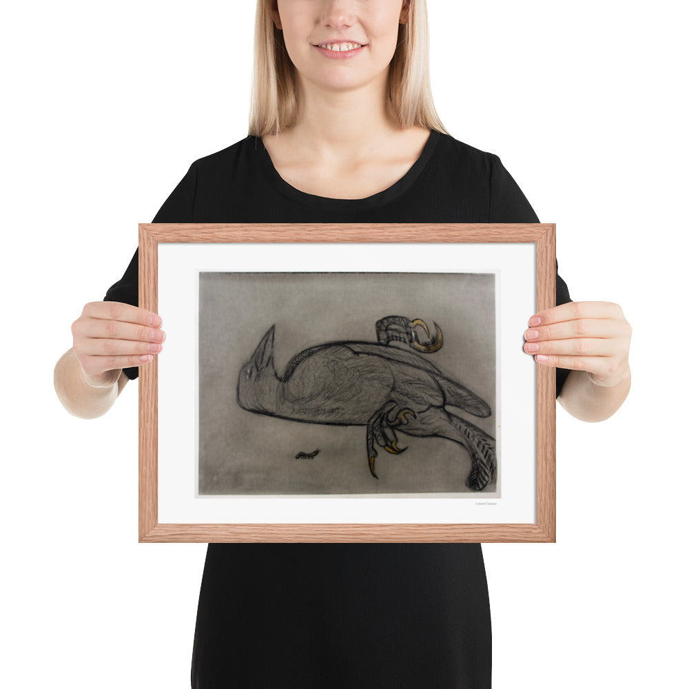 Framed poster print, fine art drawing of crow 1