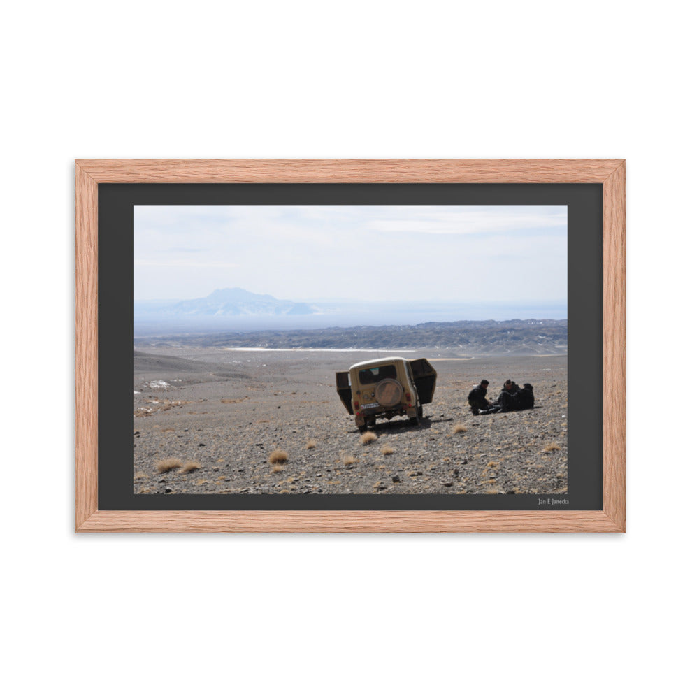 Framed poster, snow leopard field team in Mongolia