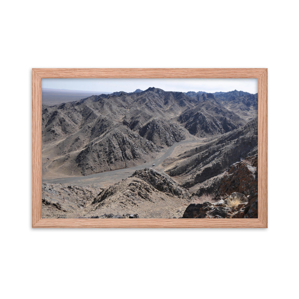 Framed poster, Russian van in valley during snow leopard survey in Mongolia