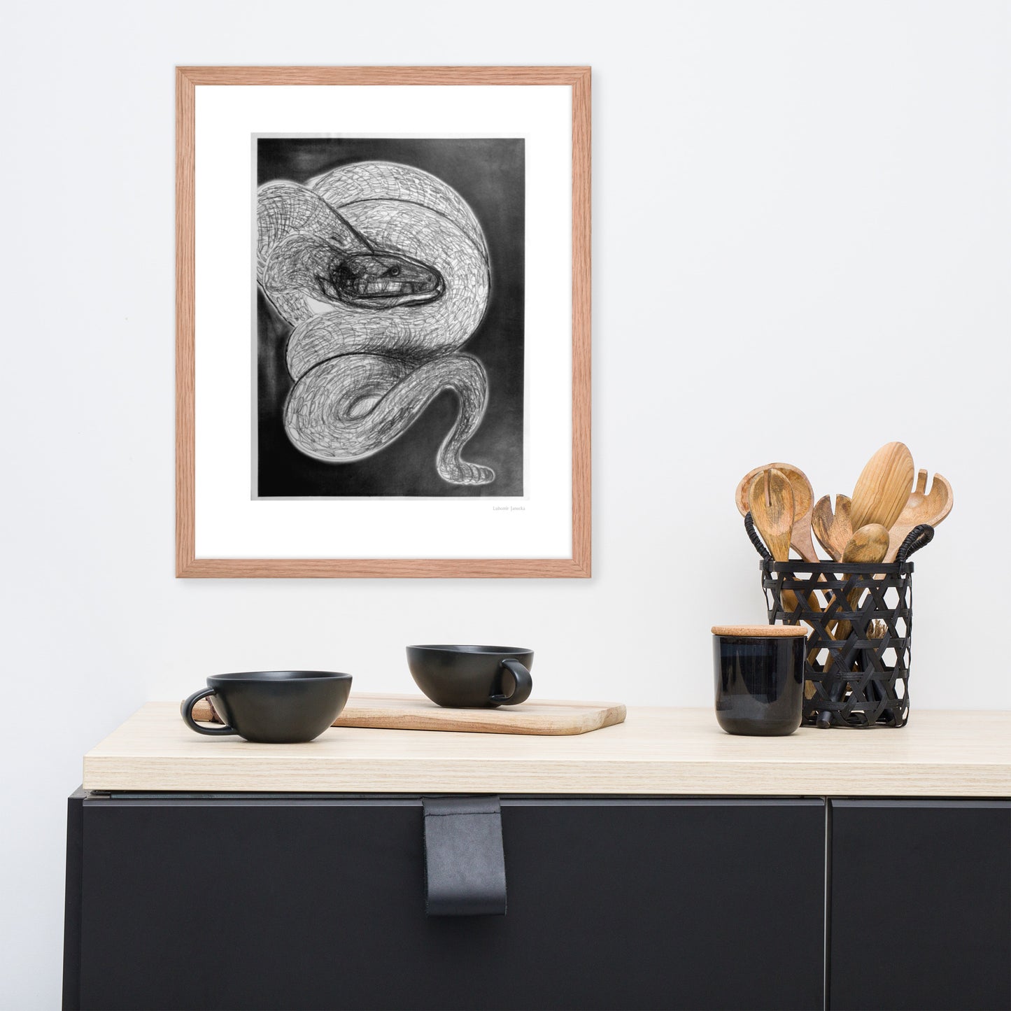 Framed poster print, fine art drawing of snake 2