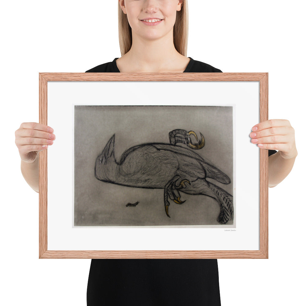 Framed poster print, fine art drawing of crow 1