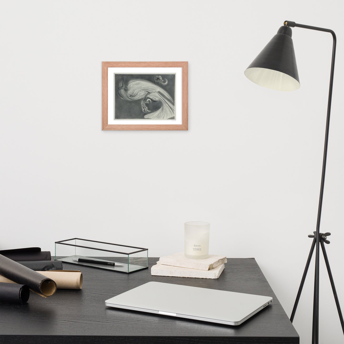Framed poster print, fine art drawing of crow 2