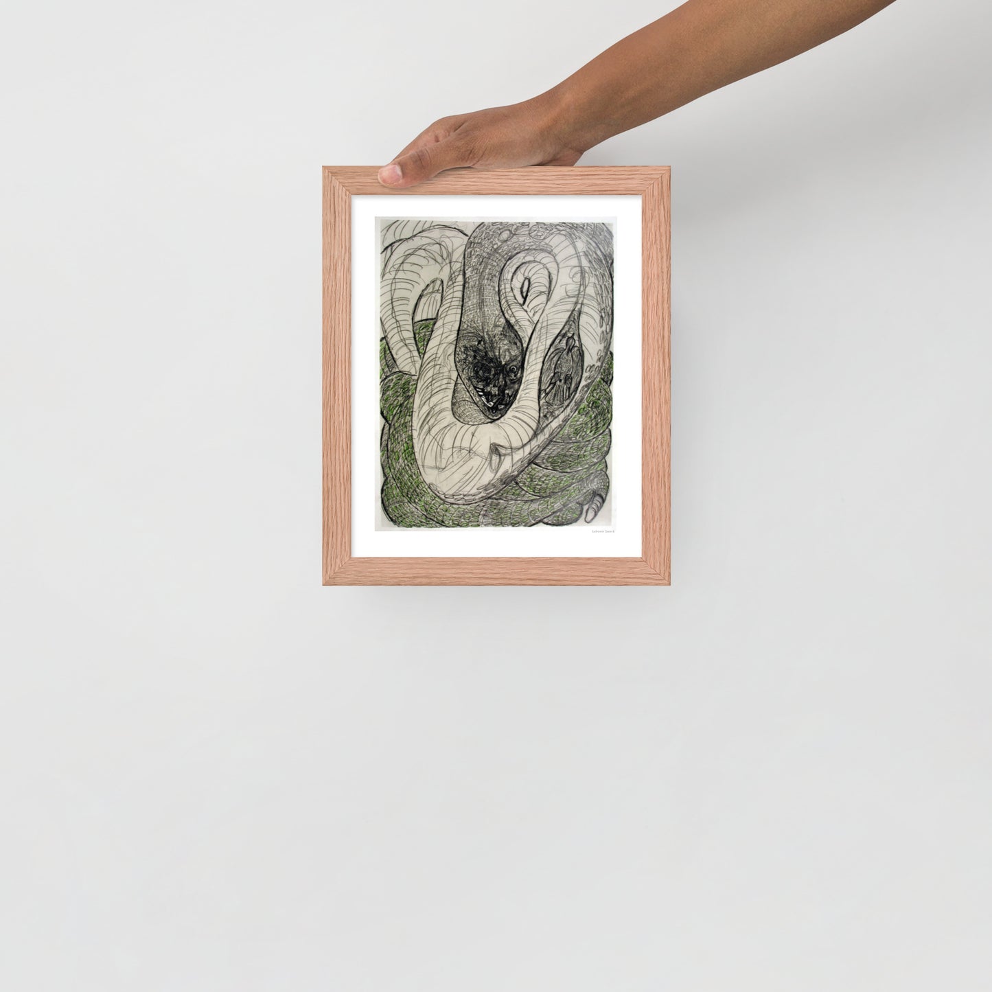 Framed poster print, fine art drawing of snake 1