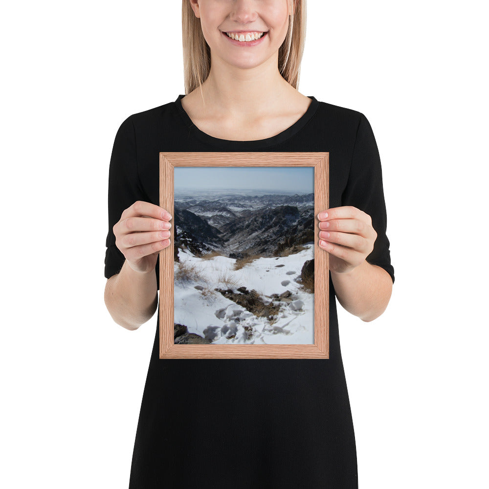 Framed poster, Snow leopard scrape on ridge in Mongolia 1