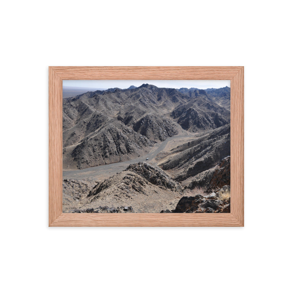 Framed poster, Russian van in valley during snow leopard survey in Mongolia