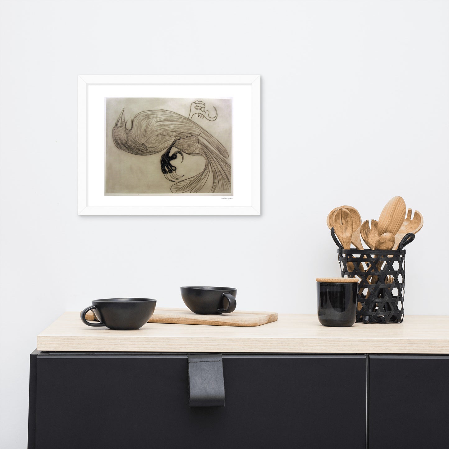 Framed poster print, fine art drawing of crow 3