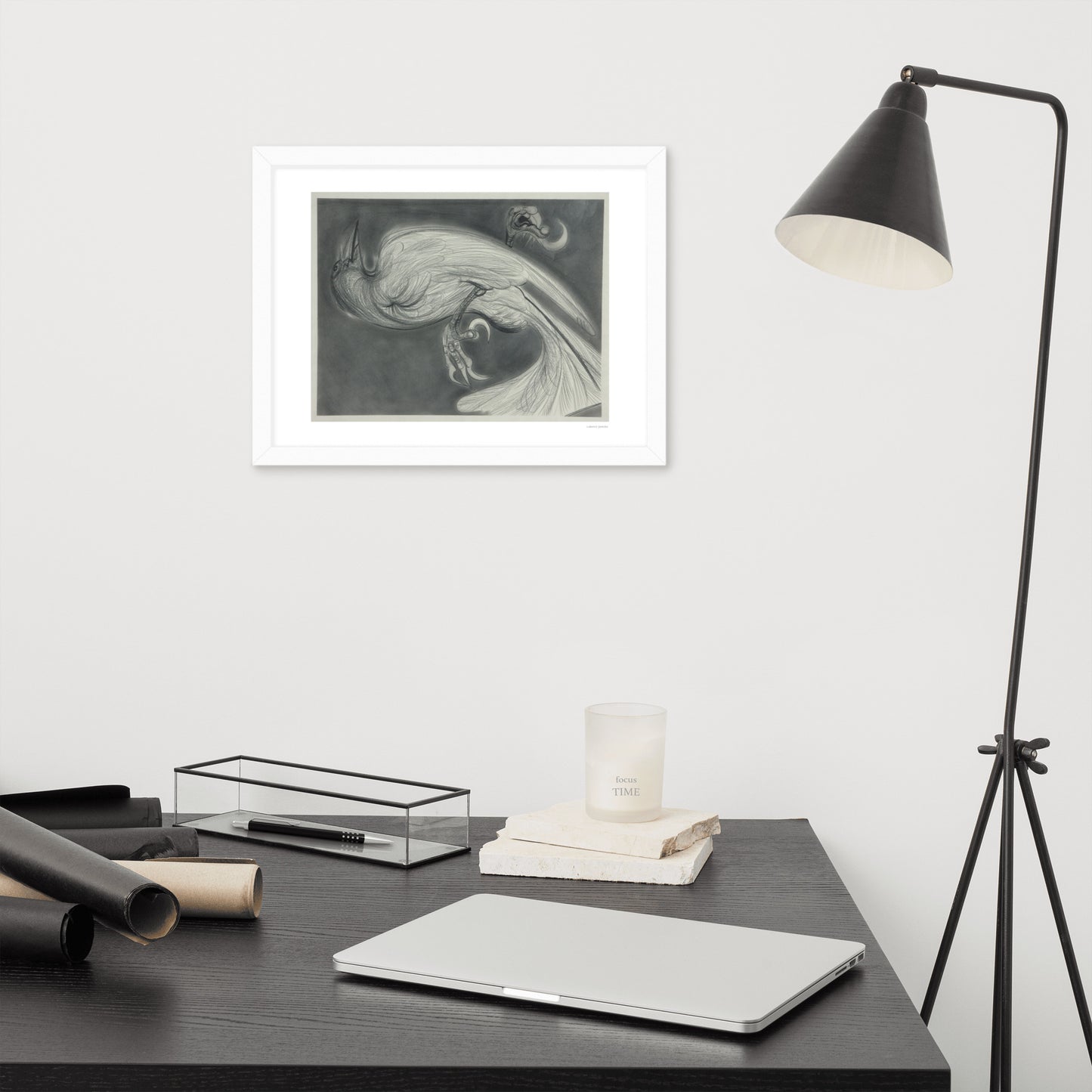 Framed poster print, fine art drawing of crow 2