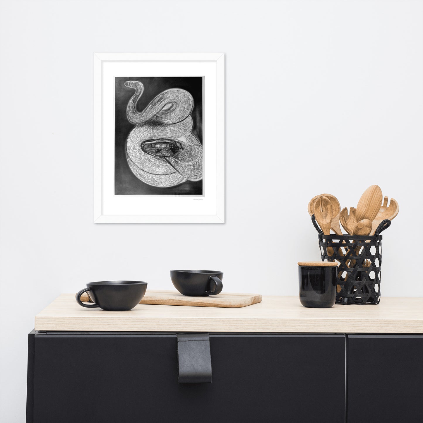 Framed poster print, fine art drawing of snake 2