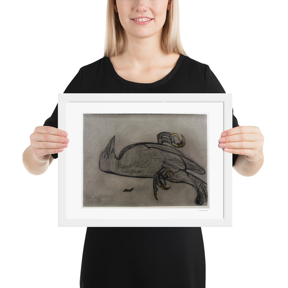 Framed poster print, fine art drawing of crow 1