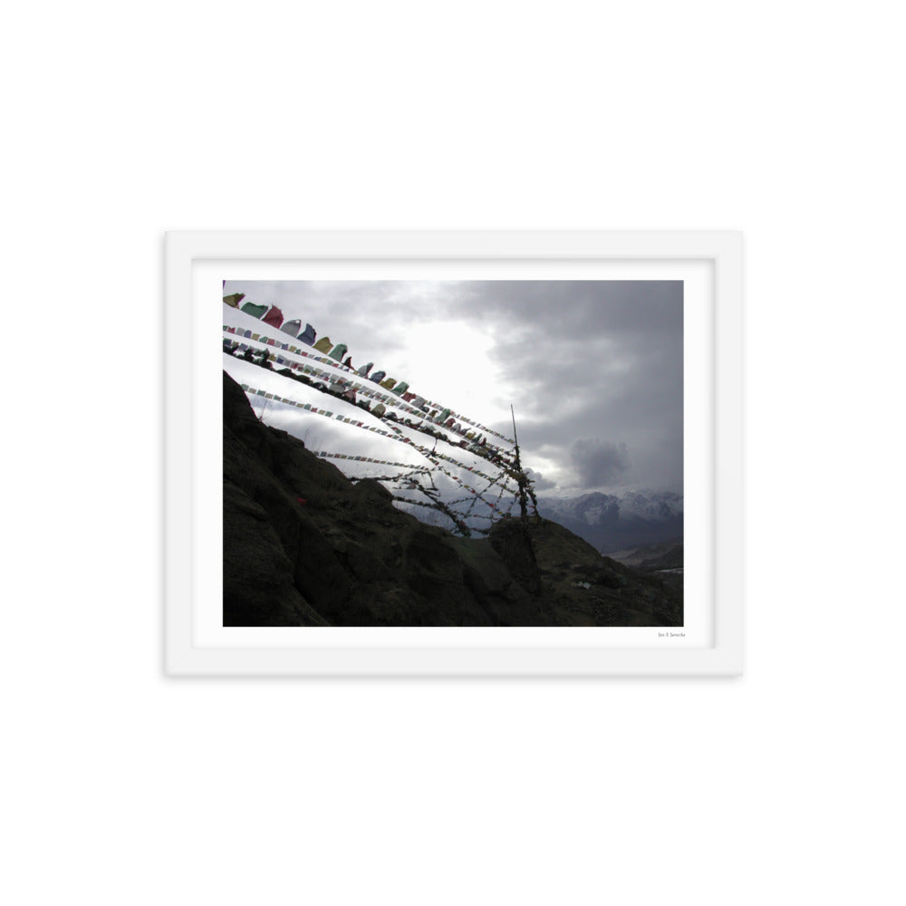 Framed poster, photo of prayer flags in mountains, Ladakh India