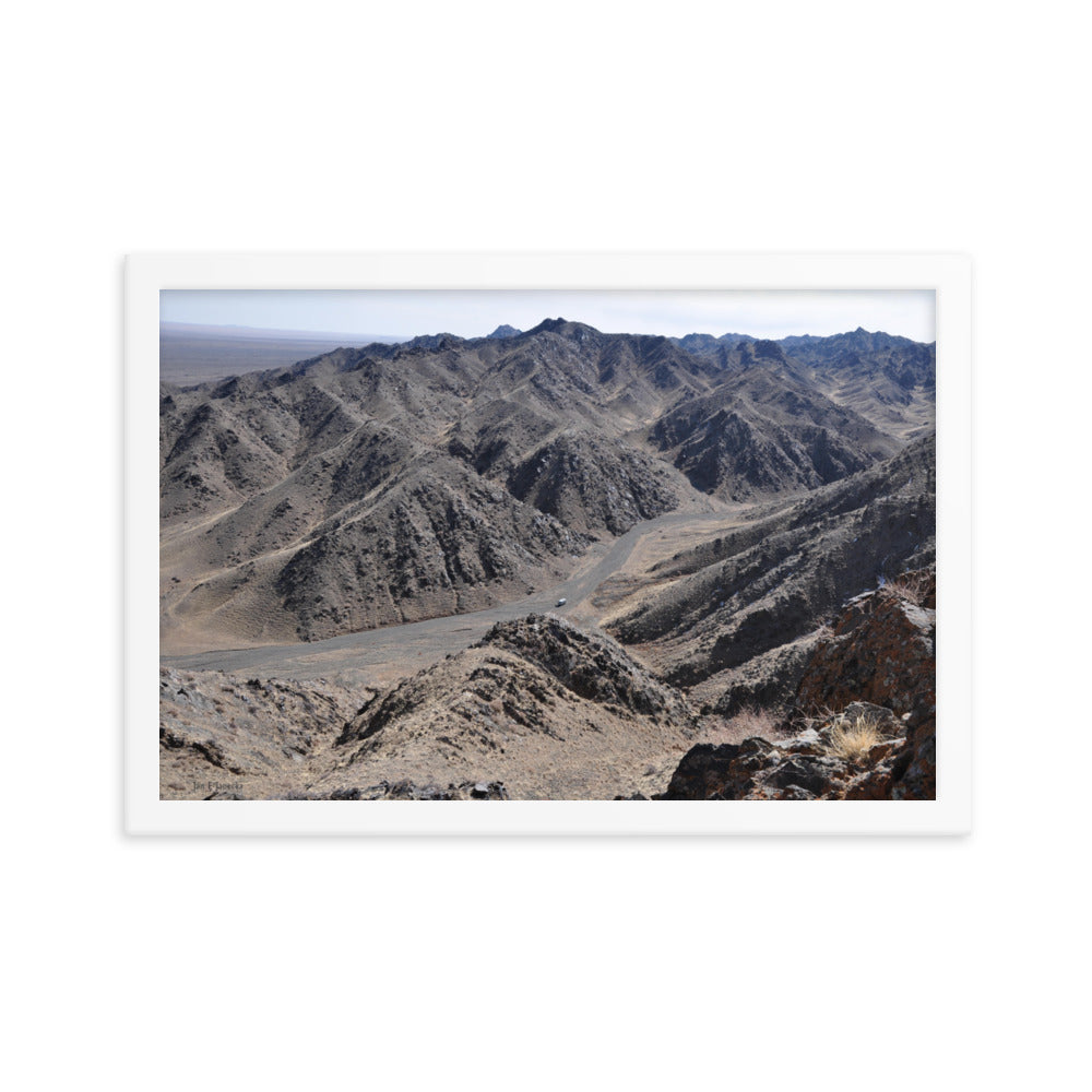Framed poster, Russian van in valley during snow leopard survey in Mongolia