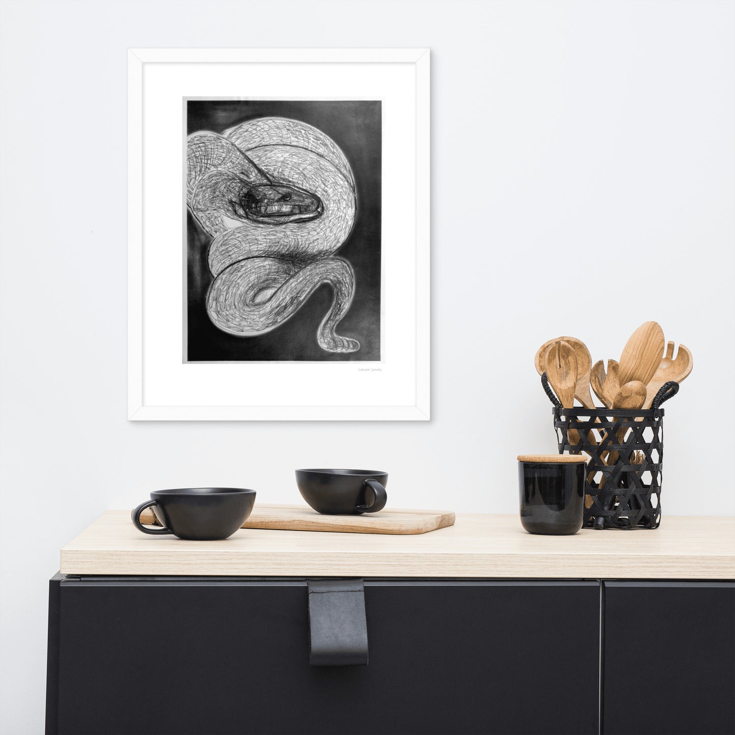 Framed poster print, fine art drawing of snake 2