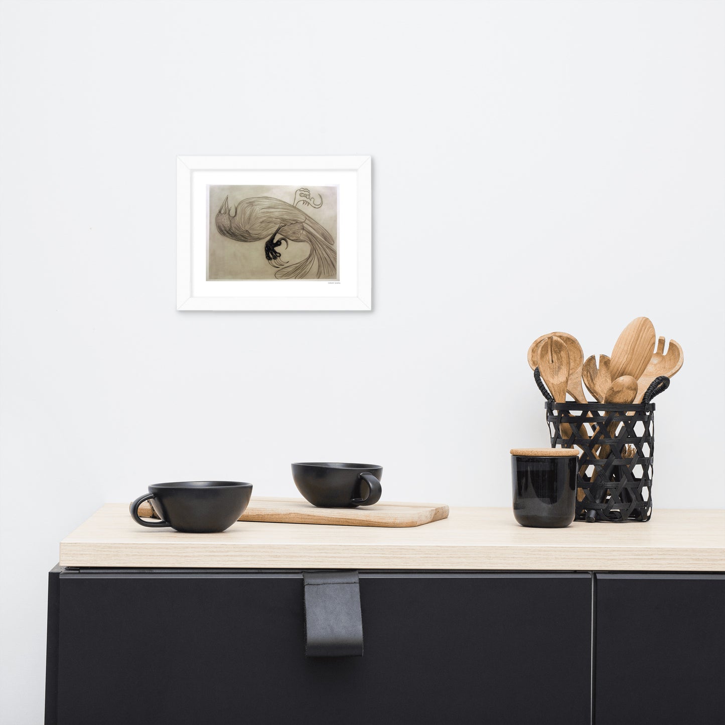 Framed poster print, fine art drawing of crow 3