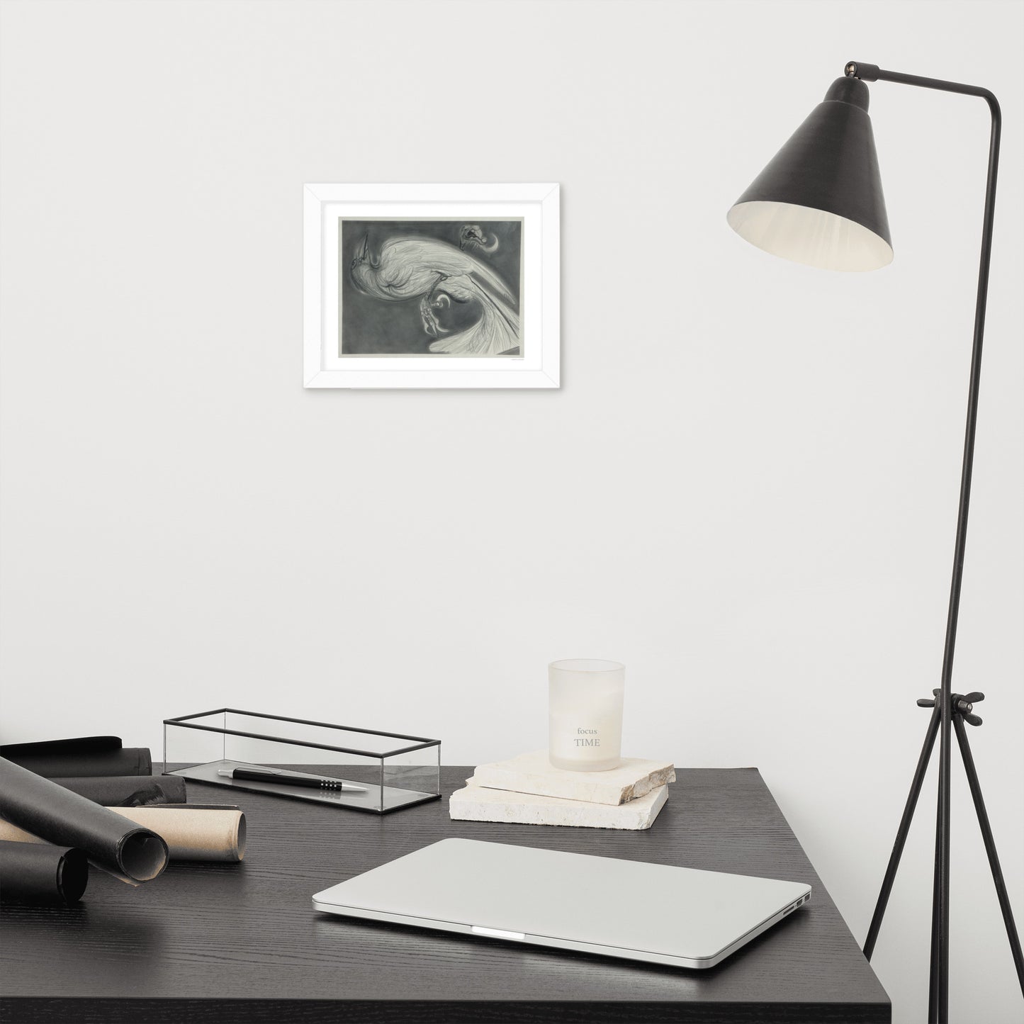 Framed poster print, fine art drawing of crow 2