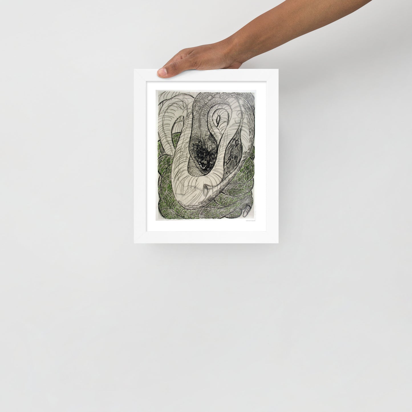 Framed poster print, fine art drawing of snake 1