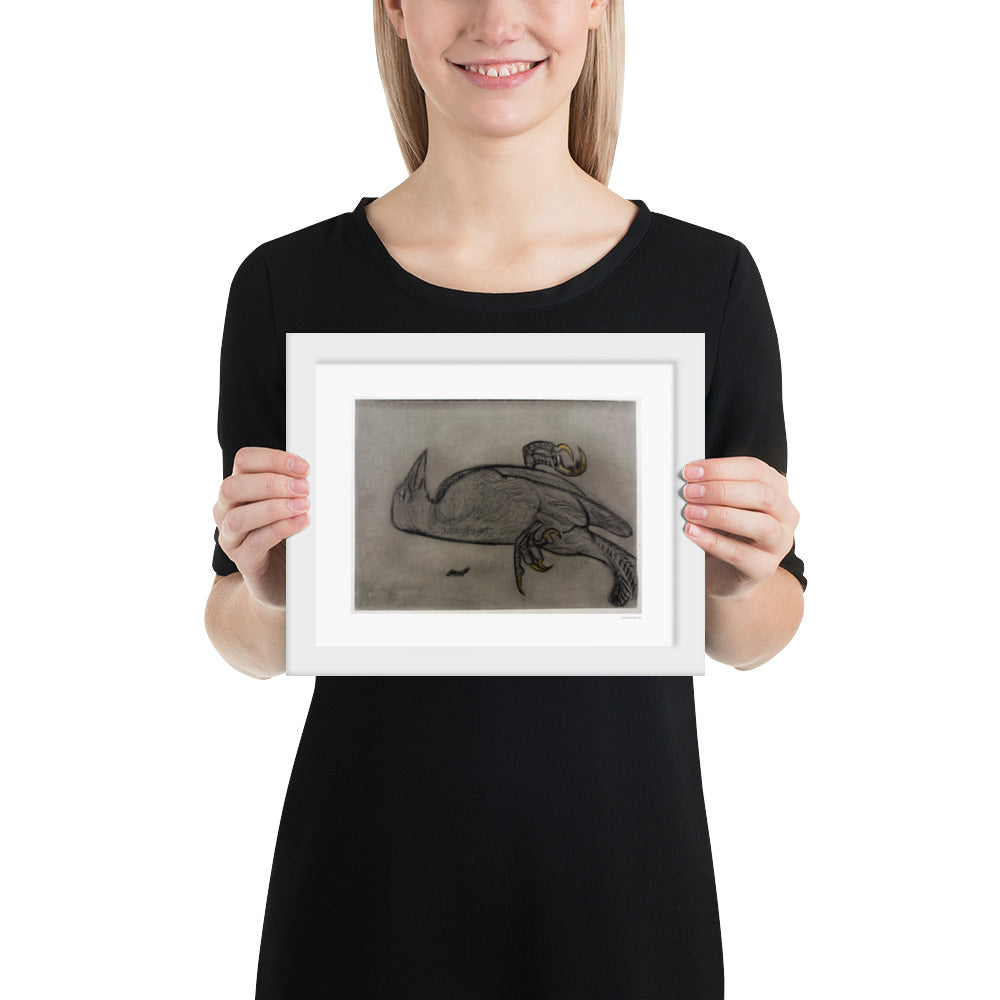 Framed poster print, fine art drawing of crow 1