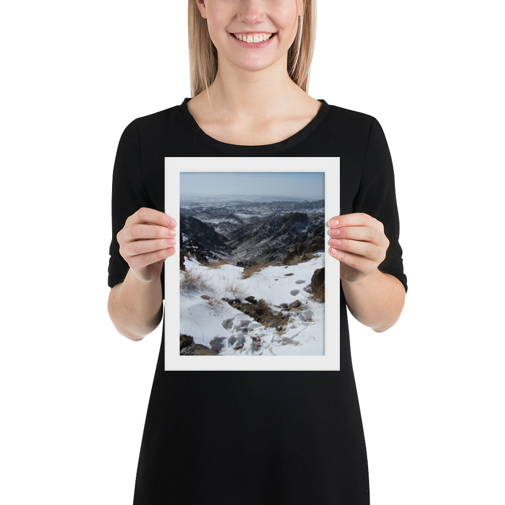 Framed poster, Snow leopard scrape on ridge in Mongolia 1