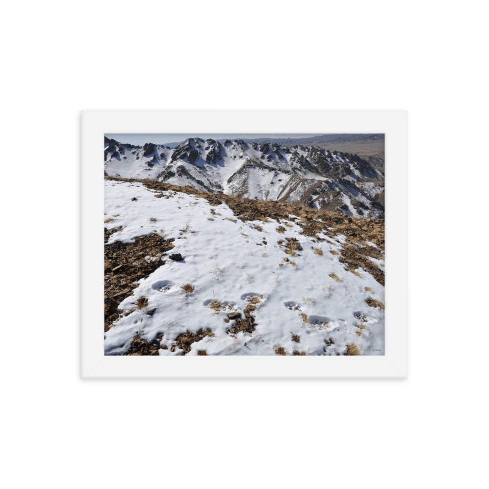 Framed poster, Snow leopard tracks on ridge in Mongolia