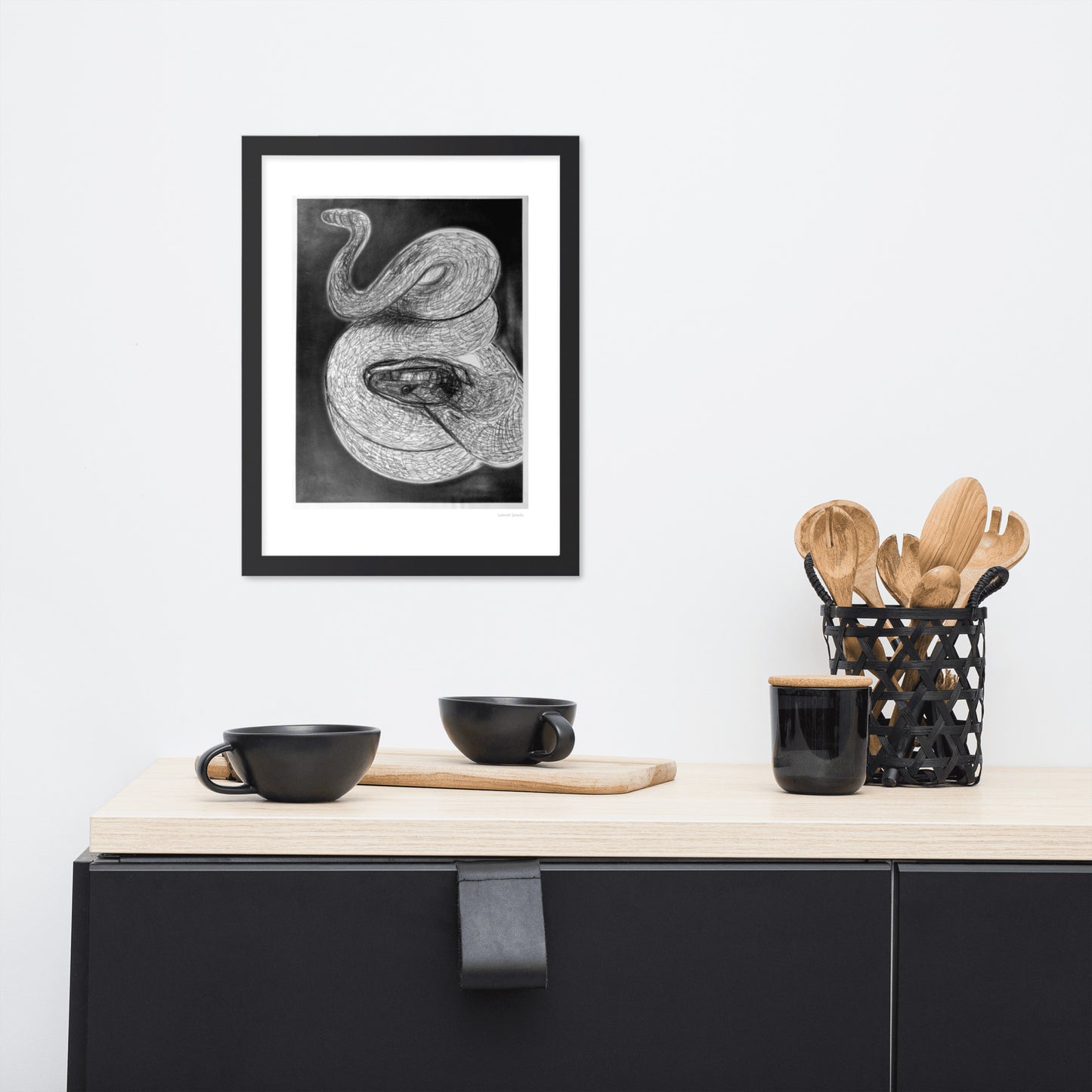 Framed poster print, fine art drawing of snake 2