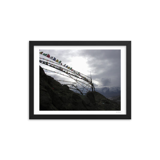 Framed poster, photo of prayer flags in mountains, Ladakh India