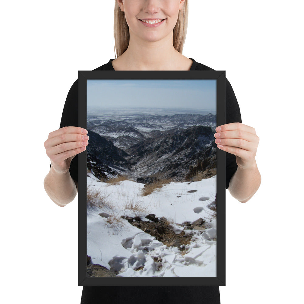 Framed poster, Snow leopard scrape on ridge in Mongolia 1