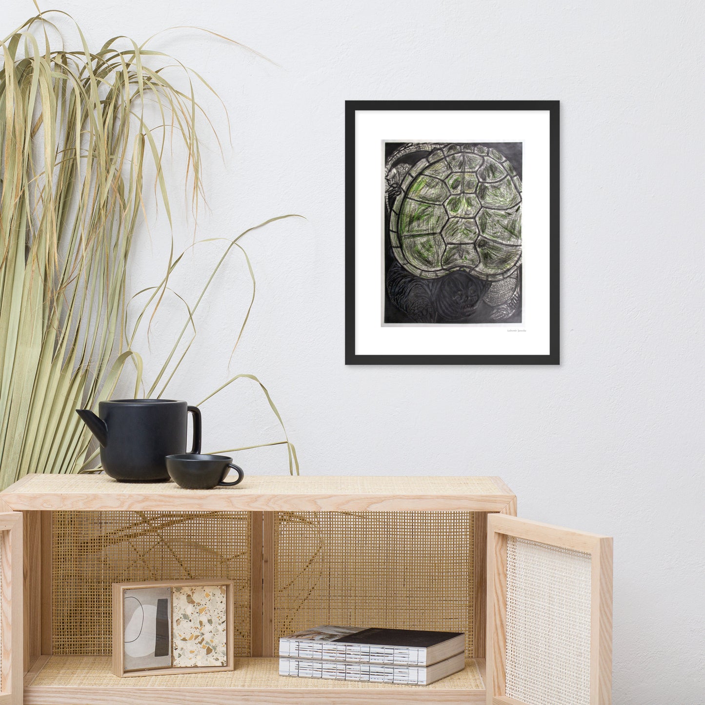 Framed poster print, fine art drawing of turtle 1