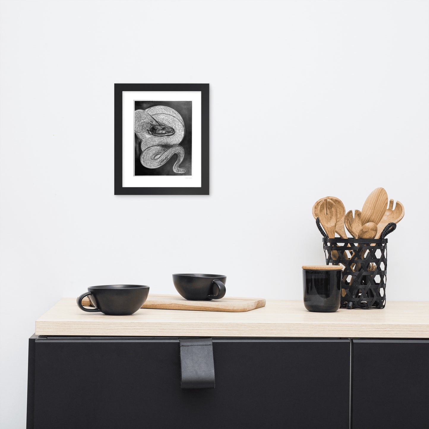 Framed poster print, fine art drawing of snake 2