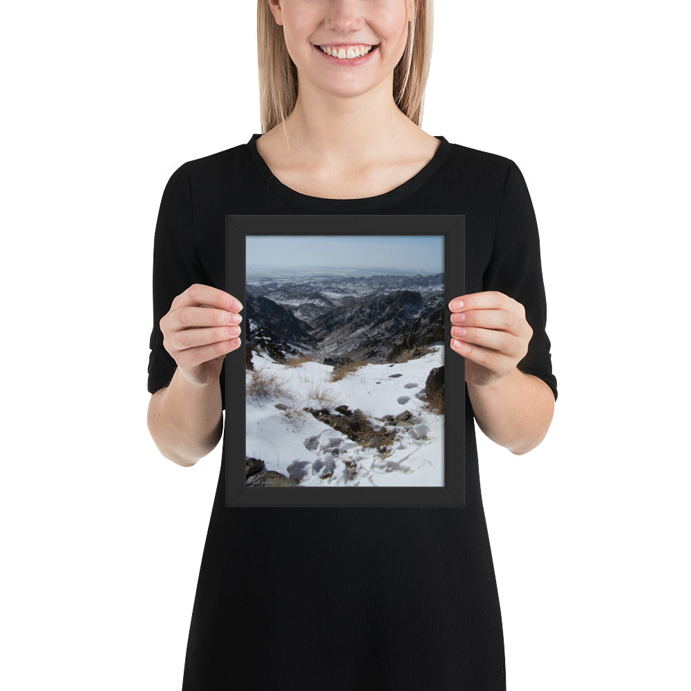 Framed poster, Snow leopard scrape on ridge in Mongolia 1