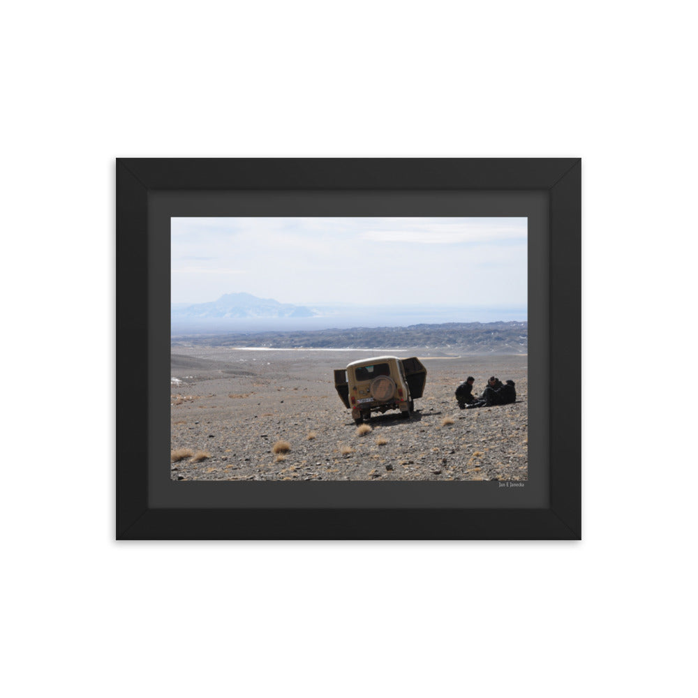 Framed poster, snow leopard field team in Mongolia