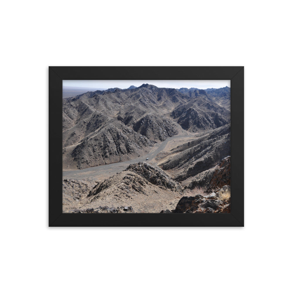 Framed poster, Russian van in valley during snow leopard survey in Mongolia