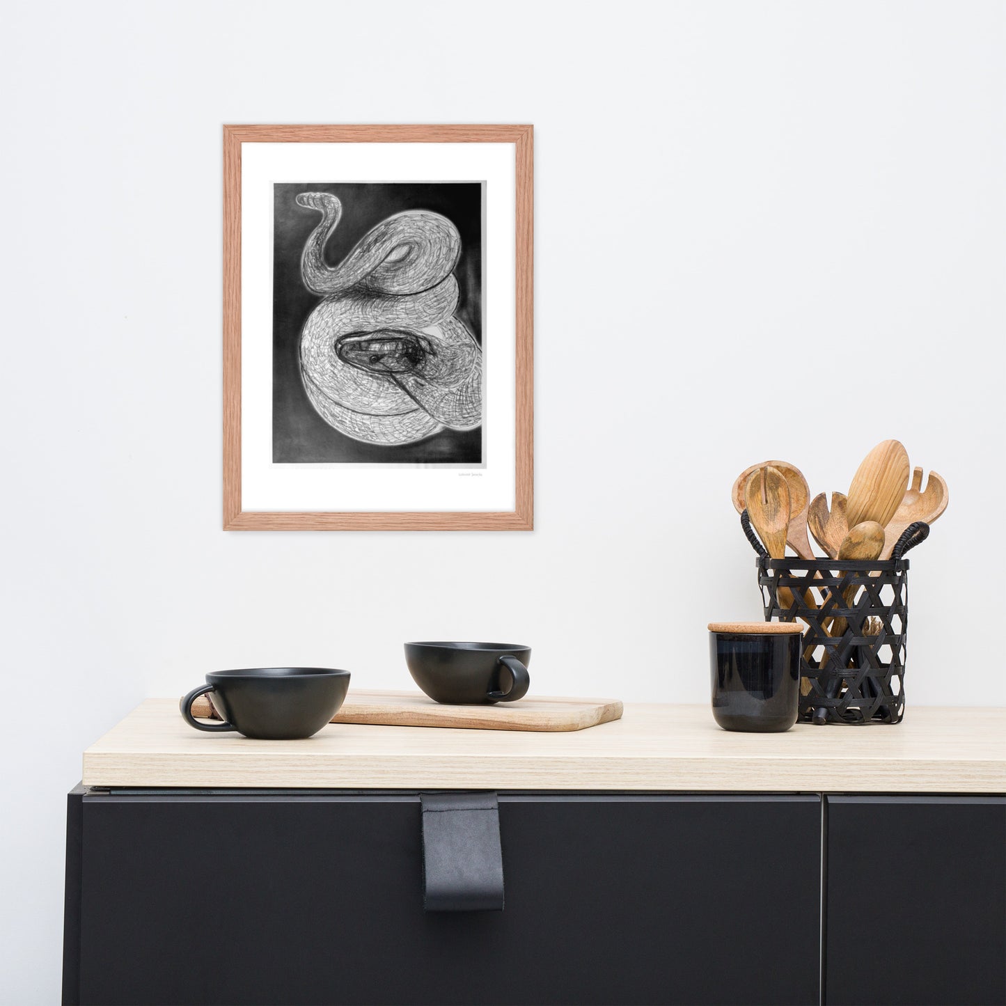 Framed poster print, fine art drawing of snake 2