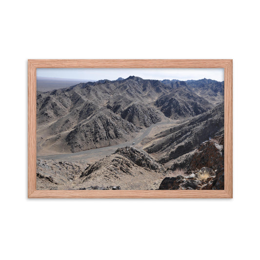 Framed poster, Russian van in valley during snow leopard survey in Mongolia