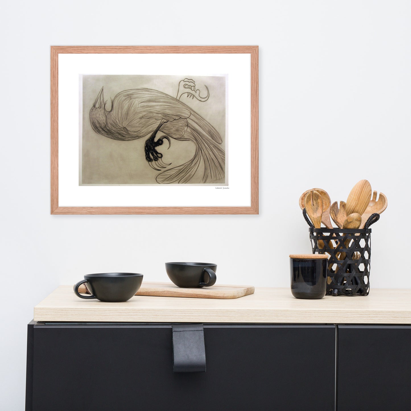 Framed poster print, fine art drawing of crow 3