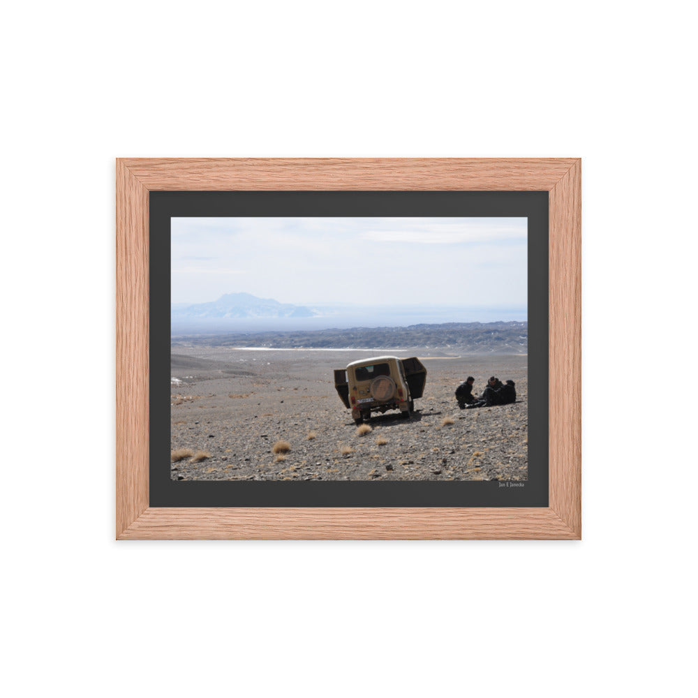 Framed poster, snow leopard field team in Mongolia