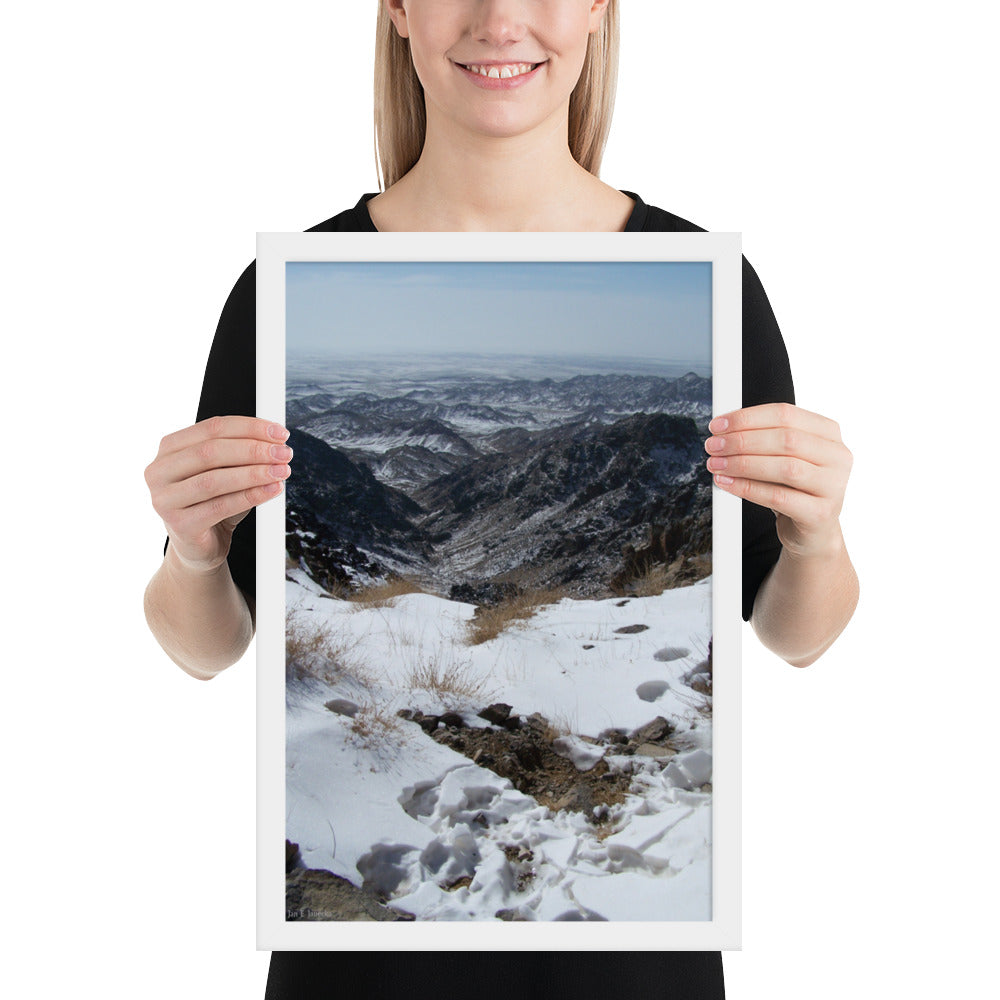 Framed poster, Snow leopard scrape on ridge in Mongolia 1