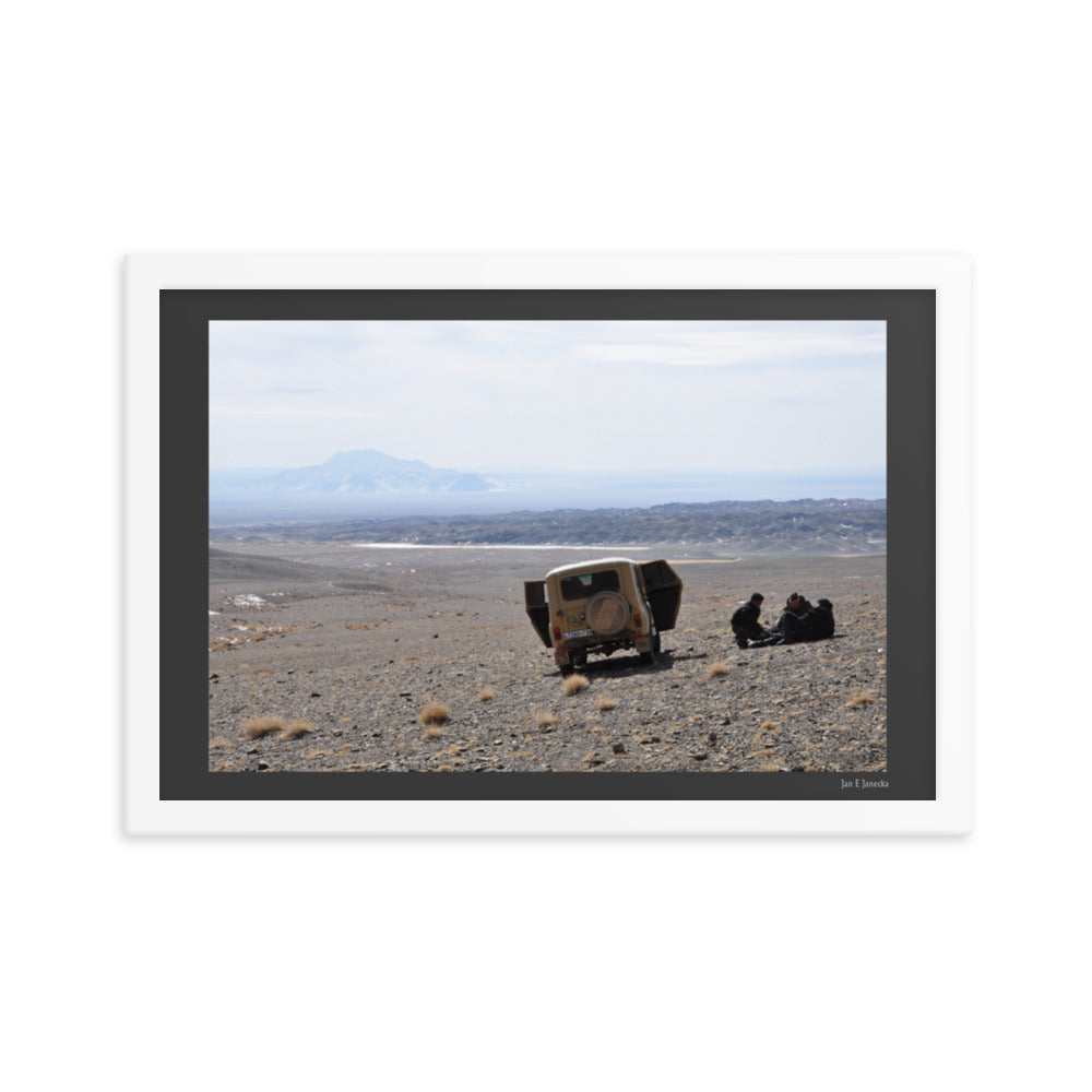 Framed poster, snow leopard field team in Mongolia