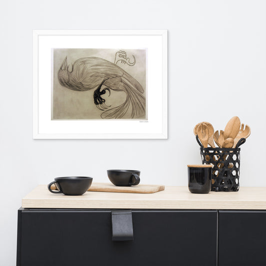 Framed poster print, fine art drawing of crow 3