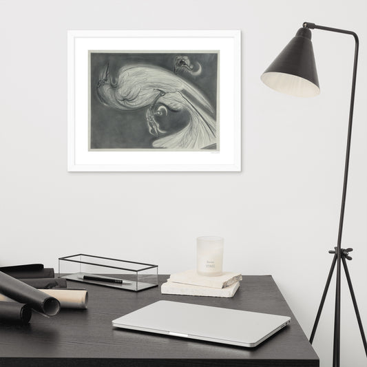 Framed poster print, fine art drawing of crow 2
